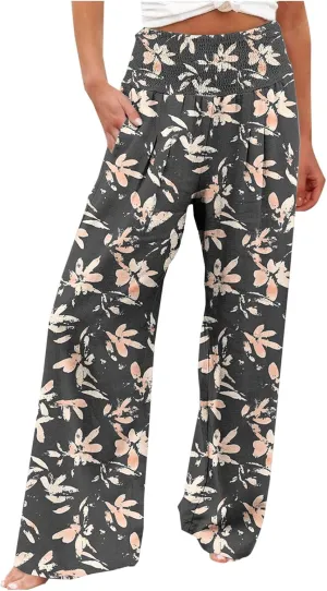 Women Wide Leg Linen Pants Boho Beach Print High Waisted Summer Casual Cotton Linen Pant Palazzo Trouser with Pockets