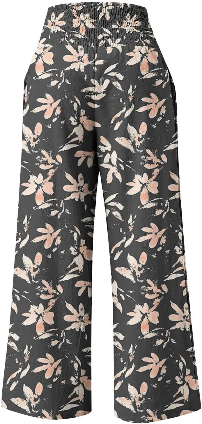 Women Wide Leg Linen Pants Boho Beach Print High Waisted Summer Casual Cotton Linen Pant Palazzo Trouser with Pockets