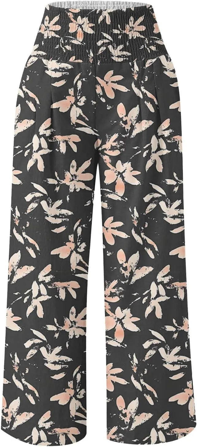 Women Wide Leg Linen Pants Boho Beach Print High Waisted Summer Casual Cotton Linen Pant Palazzo Trouser with Pockets