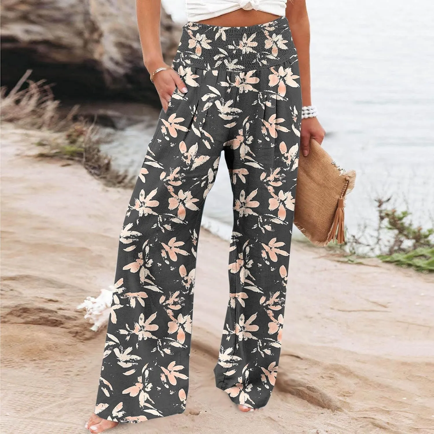 Women Wide Leg Linen Pants Boho Beach Print High Waisted Summer Casual Cotton Linen Pant Palazzo Trouser with Pockets