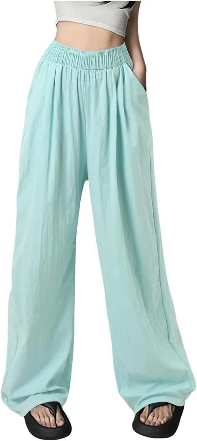 Women Wide Leg Pants Lightweight Casual Elastic High Waist Straight Leg Loose Fit Trousers Streetwear Flowy Palazzo