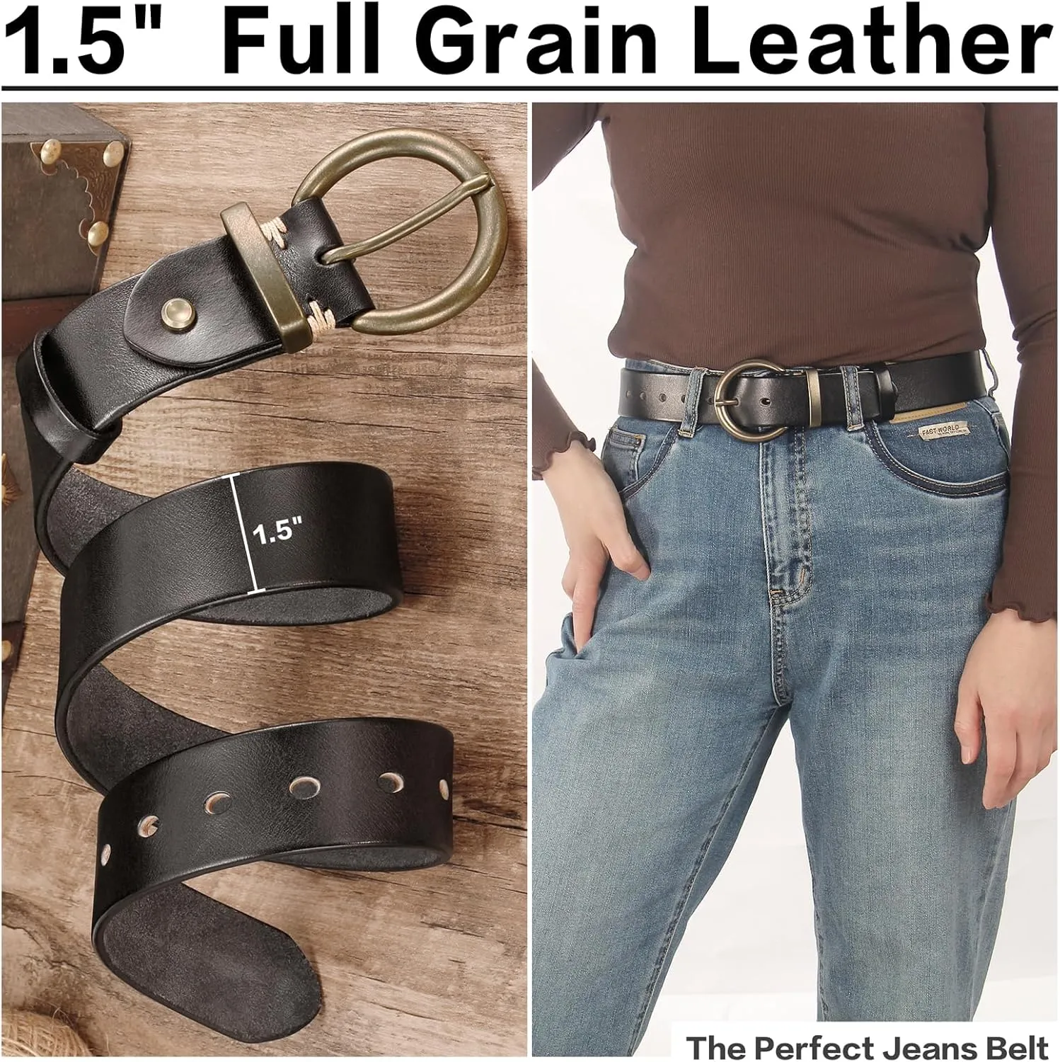 Women's 1.5" Wide Leather Belt with Large Brass Buckle - Trendy Vintage Style for Jeans and Pants