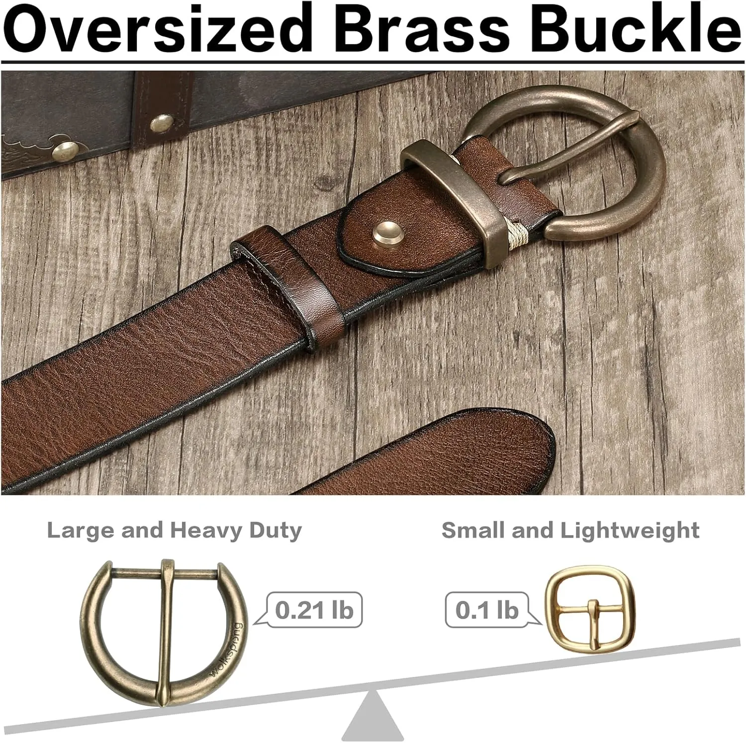 Women's 1.5" Wide Leather Belt with Large Brass Buckle - Trendy Vintage Style for Jeans and Pants