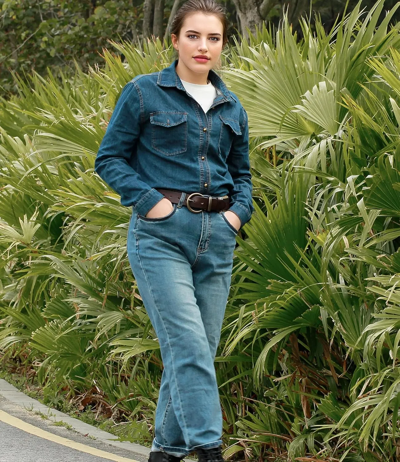 Women's 1.5" Wide Leather Belt with Large Brass Buckle - Trendy Vintage Style for Jeans and Pants