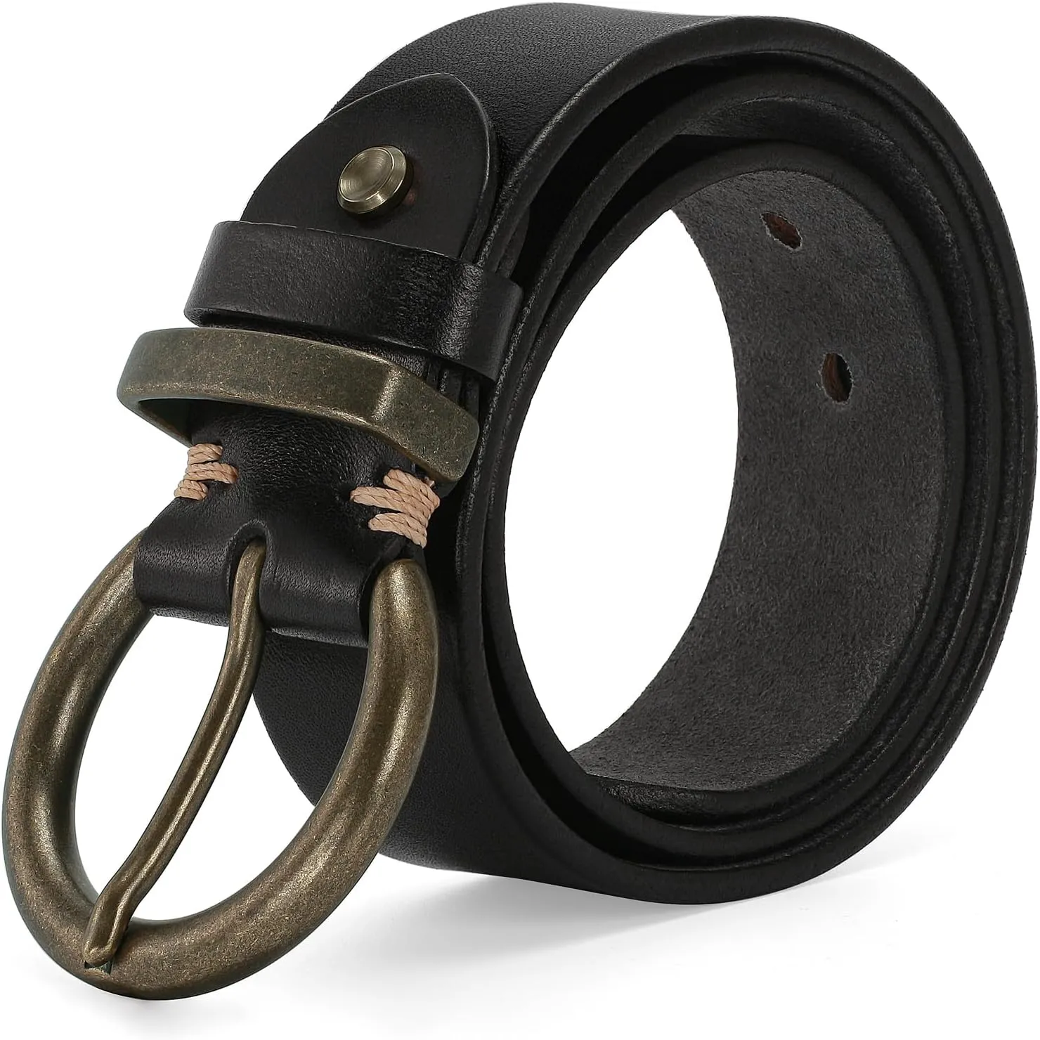 Women's 1.5" Wide Leather Belt with Large Brass Buckle - Trendy Vintage Style for Jeans and Pants