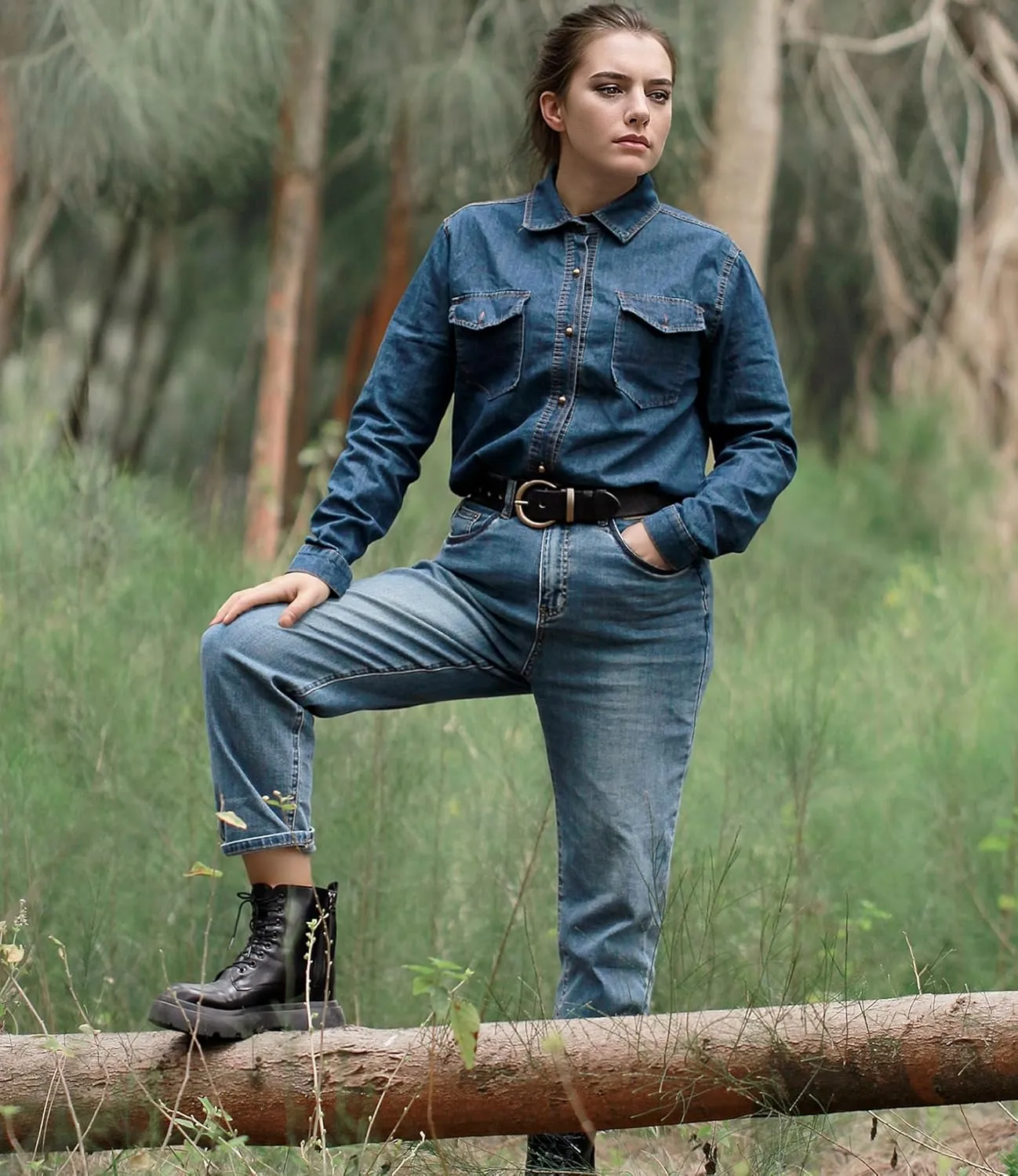 Women's 1.5" Wide Leather Belt with Large Brass Buckle - Trendy Vintage Style for Jeans and Pants