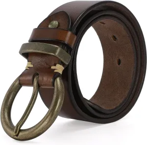 Women's 1.5" Wide Leather Belt with Large Brass Buckle - Trendy Vintage Style for Jeans and Pants