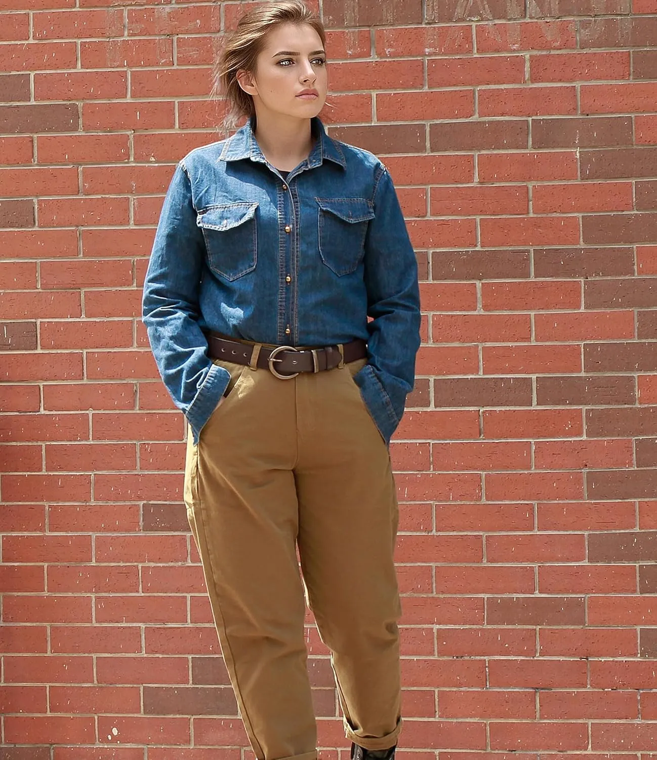 Women's 1.5" Wide Leather Belt with Large Brass Buckle - Trendy Vintage Style for Jeans and Pants