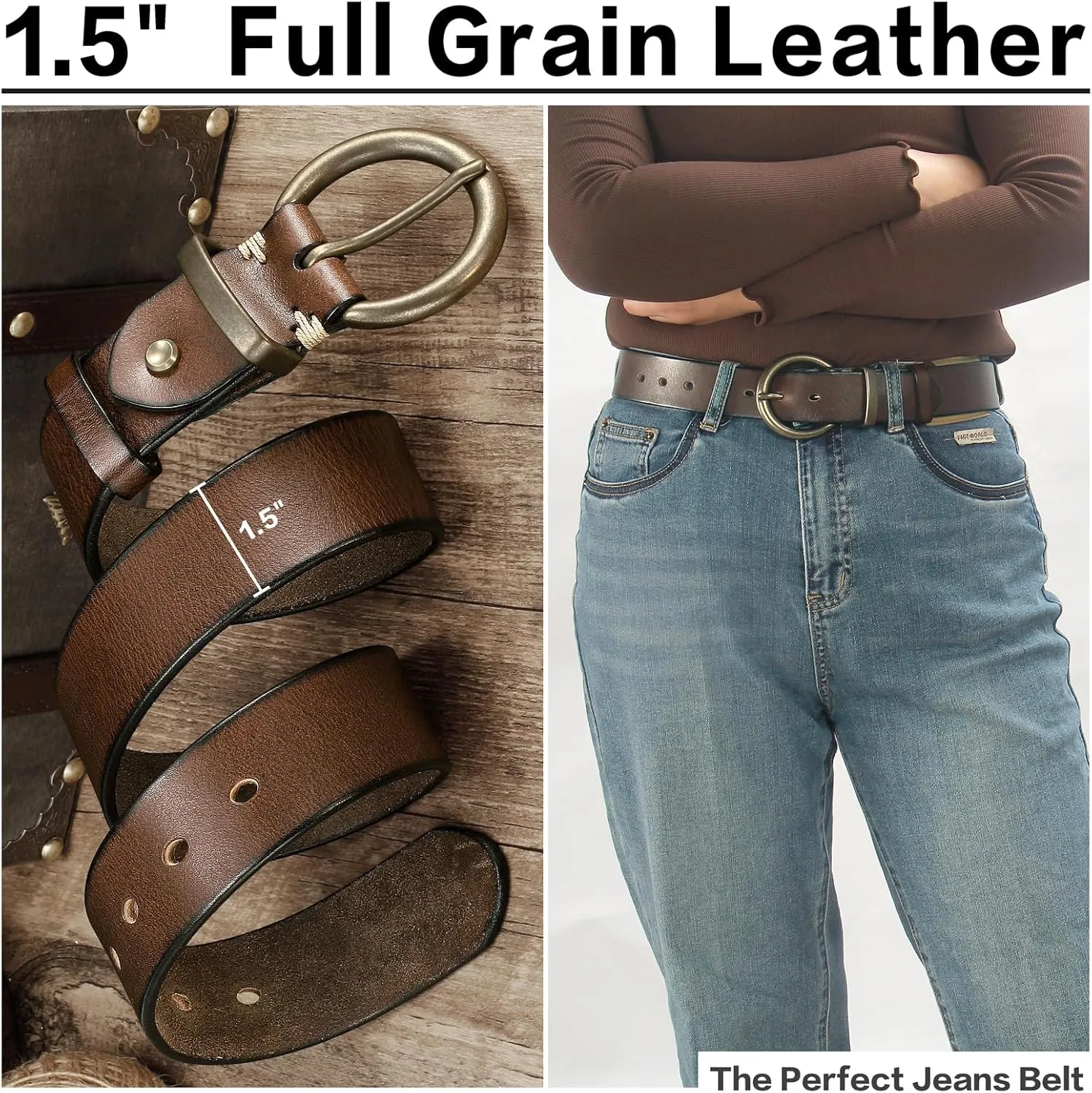 Women's 1.5" Wide Leather Belt with Large Brass Buckle - Trendy Vintage Style for Jeans and Pants