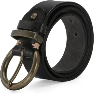 Women's 1.5" Wide Leather Belt with Large Brass Buckle - Trendy Vintage Style for Jeans and Pants