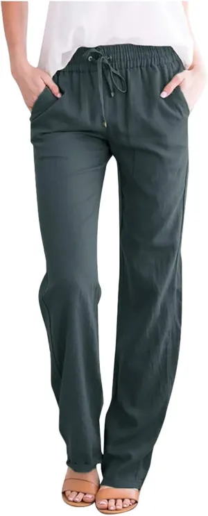 Womens 2025 Casual Linen High Waist Pants Drawstring Loose Fit Summer Pants Beach Straight Leg Trousers with Pockets
