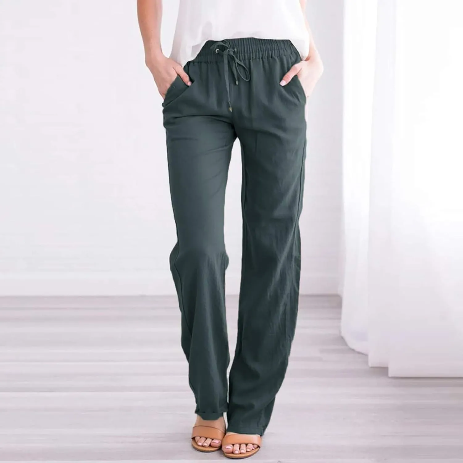 Womens 2025 Casual Linen High Waist Pants Drawstring Loose Fit Summer Pants Beach Straight Leg Trousers with Pockets