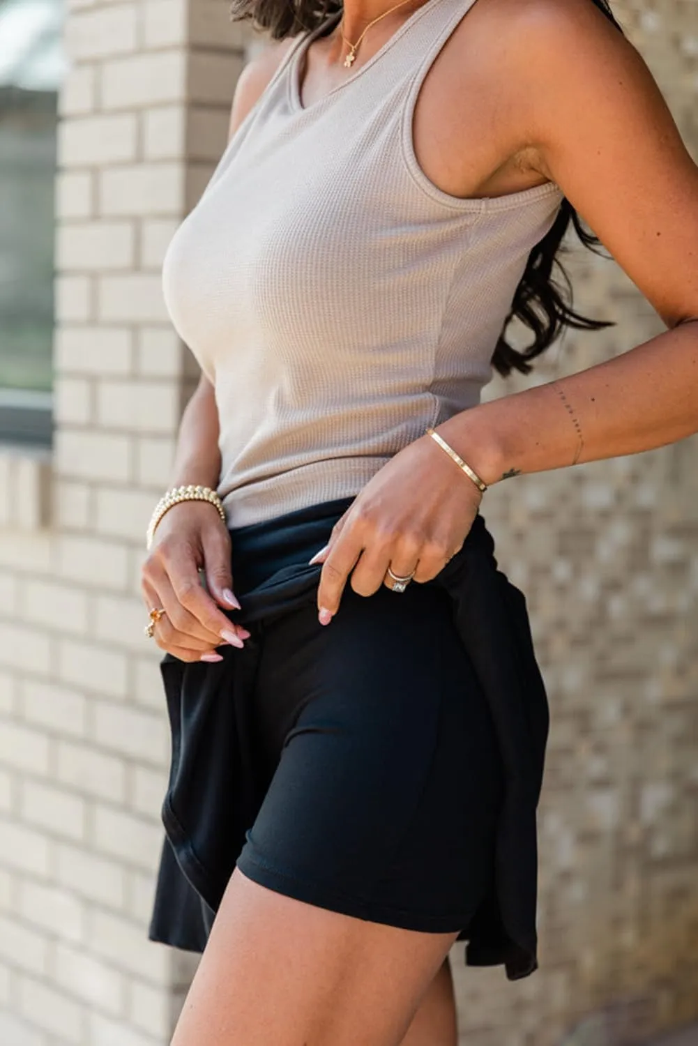 Women's Black Wide Waistband Ruched Skort with Built-in Shorts