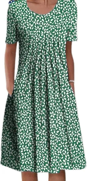 Women's Boho Dress Floral Print Short Sleeve T Shirt Dress 2025 Summer Casual Loose Swing Midi Dresses with Pockets (Green,XX-Large)