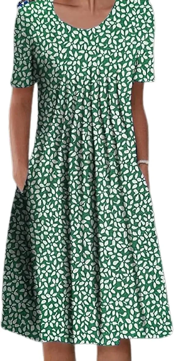 Women's Boho Dress Floral Print Short Sleeve T Shirt Dress 2025 Summer Casual Loose Swing Midi Dresses with Pockets (Green,XX-Large)