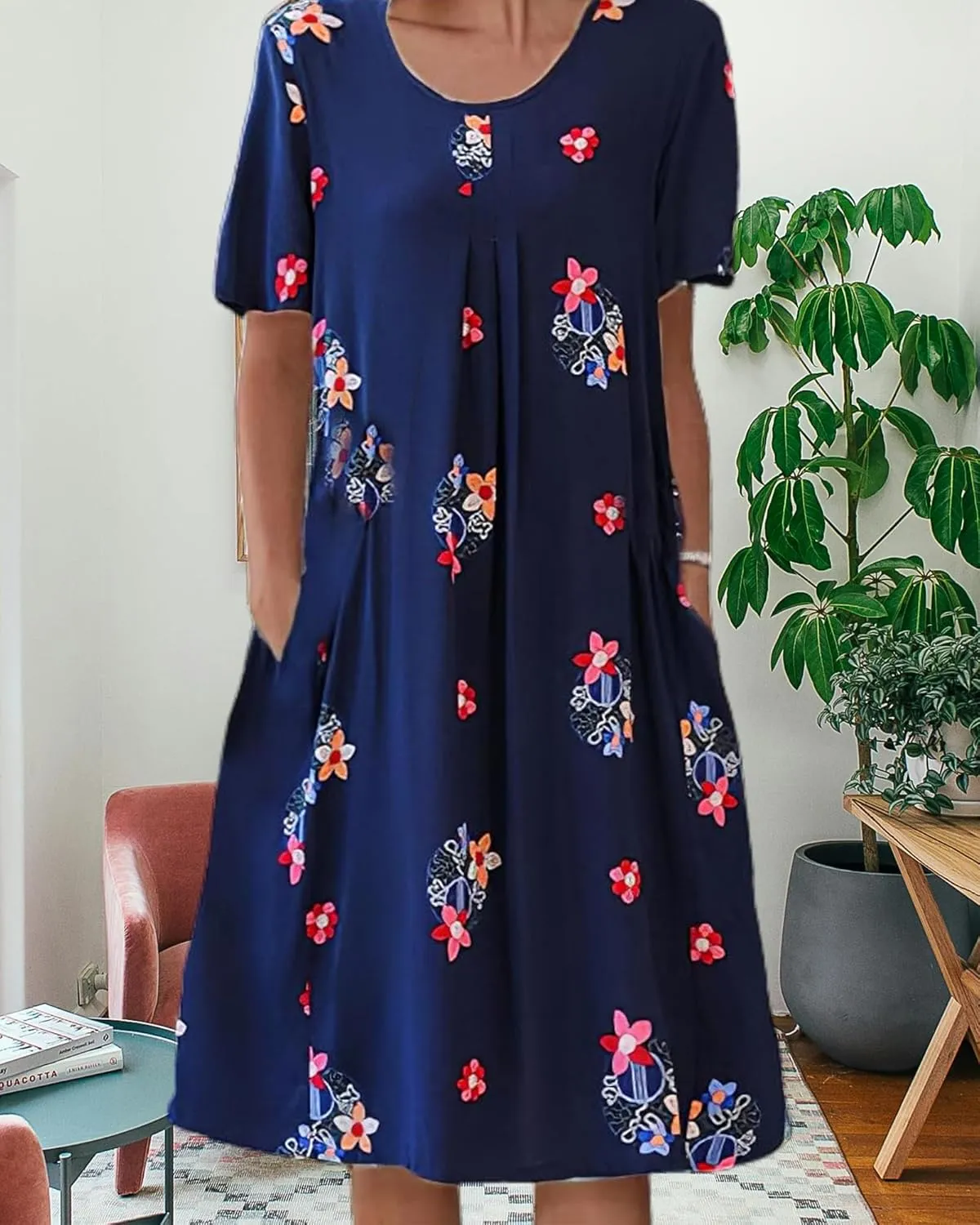 Women's Boho Dress Floral Print Short Sleeve T Shirt Dress 2025 Summer Casual Loose Swing Midi Dresses with Pockets