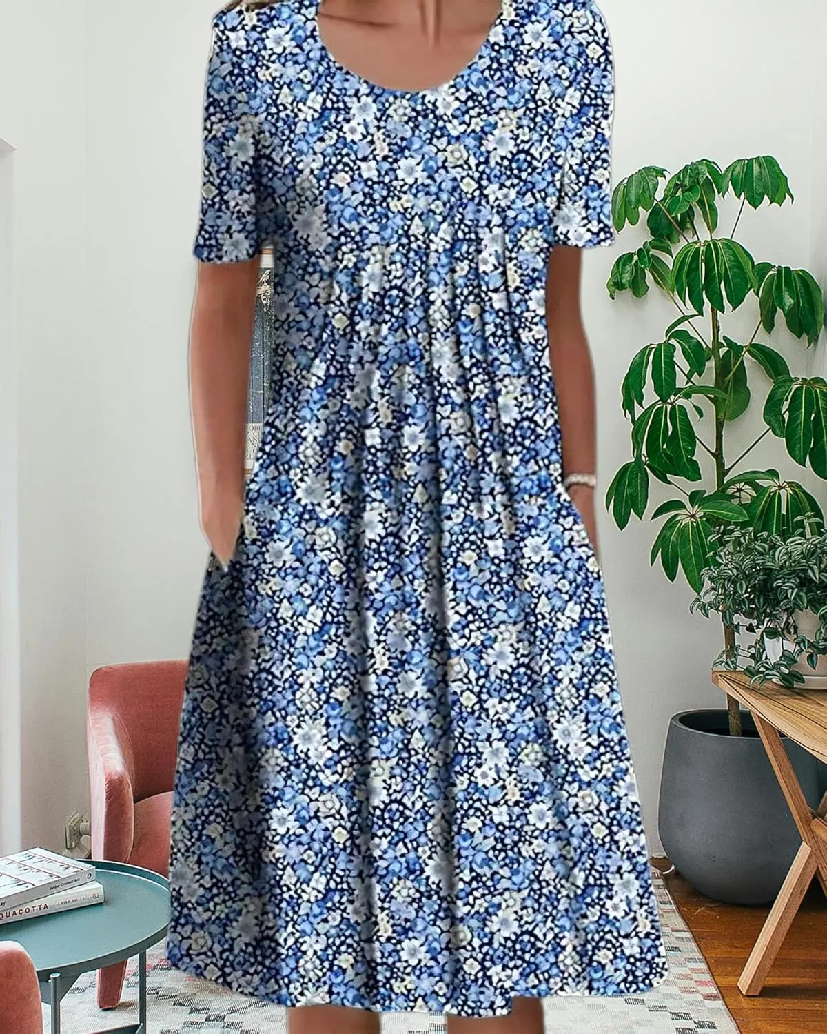 Women's Boho Dress Floral Print Short Sleeve T Shirt Dress 2025 Summer Casual Loose Swing Midi Dresses with Pockets