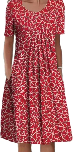 Women's Boho Dress Floral Print Short Sleeve T Shirt Dress 2025 Summer Casual Loose Swing Midi Dresses with Pockets