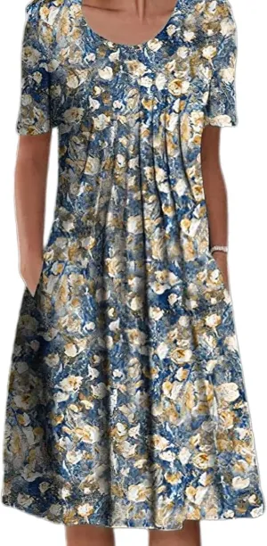 Women's Boho Dress Floral Print Short Sleeve T Shirt Dress 2025 Summer Casual Loose Swing Midi Dresses with Pockets