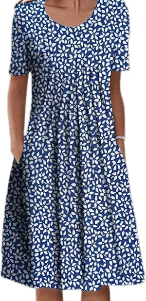Women's Boho Dress Floral Print Short Sleeve T Shirt Dress 2025 Summer Casual Loose Swing Midi Dresses with Pockets