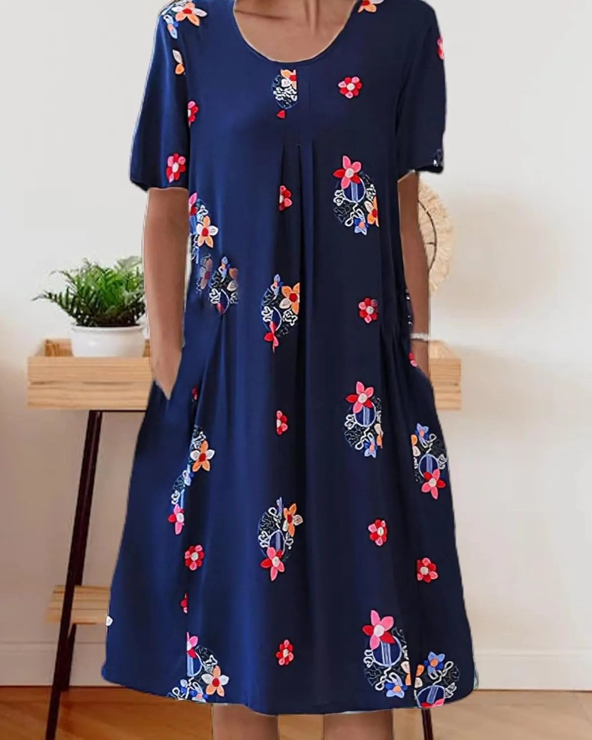 Women's Boho Dress Floral Print Short Sleeve T Shirt Dress 2025 Summer Casual Loose Swing Midi Dresses with Pockets