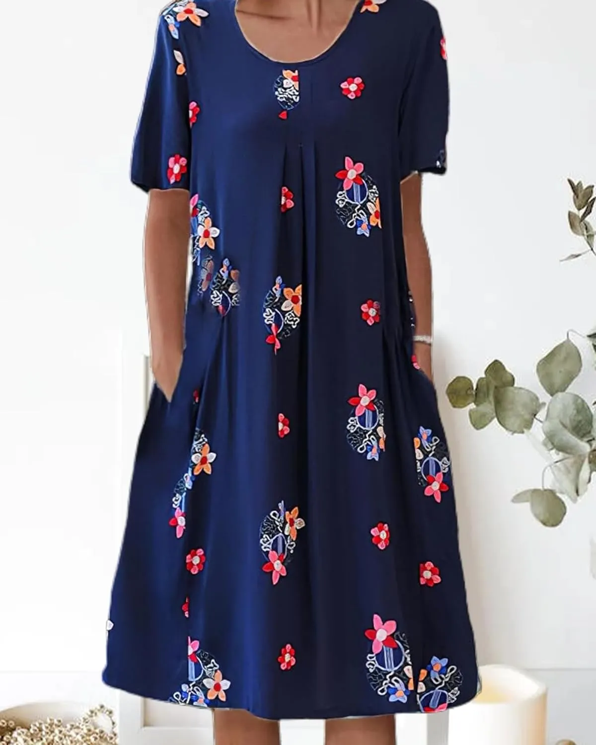 Women's Boho Dress Floral Print Short Sleeve T Shirt Dress 2025 Summer Casual Loose Swing Midi Dresses with Pockets