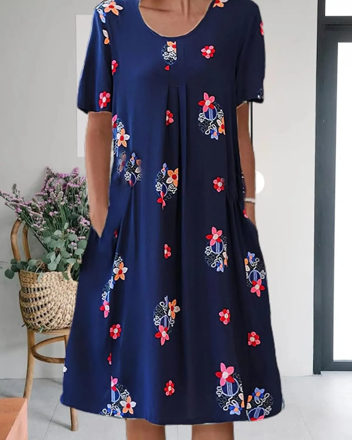 Women's Boho Dress Floral Print Short Sleeve T Shirt Dress 2025 Summer Casual Loose Swing Midi Dresses with Pockets