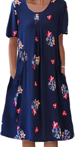 Women's Boho Dress Floral Print Short Sleeve T Shirt Dress 2025 Summer Casual Loose Swing Midi Dresses with Pockets