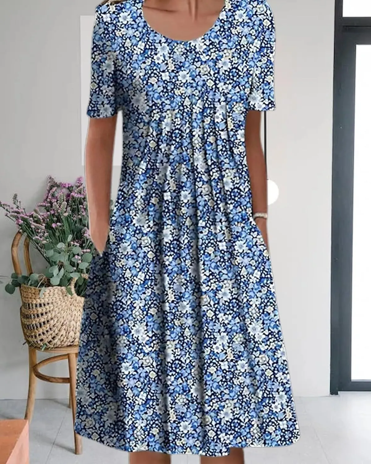 Women's Boho Dress Floral Print Short Sleeve T Shirt Dress 2025 Summer Casual Loose Swing Midi Dresses with Pockets