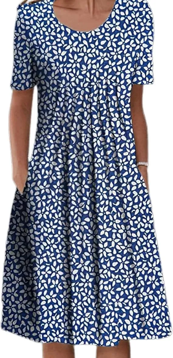 Women's Boho Dress Floral Print Short Sleeve T Shirt Dress 2025 Summer Casual Loose Swing Midi Dresses with Pockets