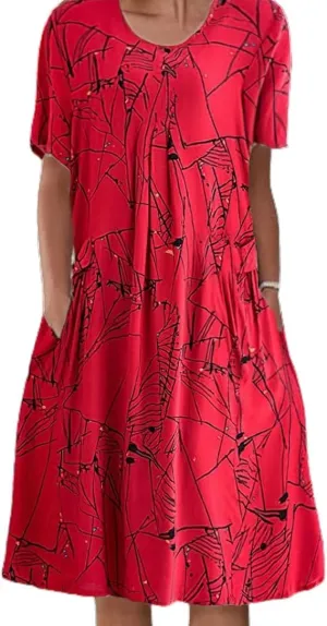 Women's Boho Dress Floral Print Short Sleeve T Shirt Dress 2025 Summer Casual Loose Swing Midi Dresses with Pockets