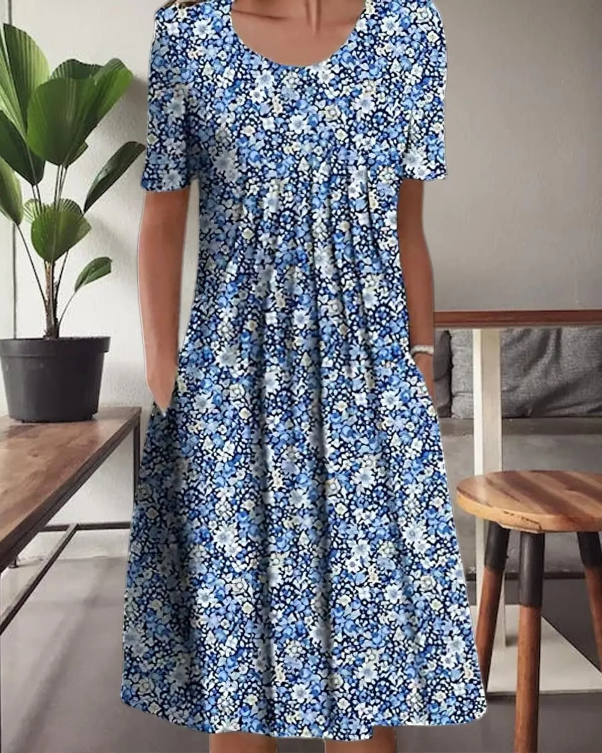 Women's Boho Dress Floral Print Short Sleeve T Shirt Dress 2025 Summer Casual Loose Swing Midi Dresses with Pockets