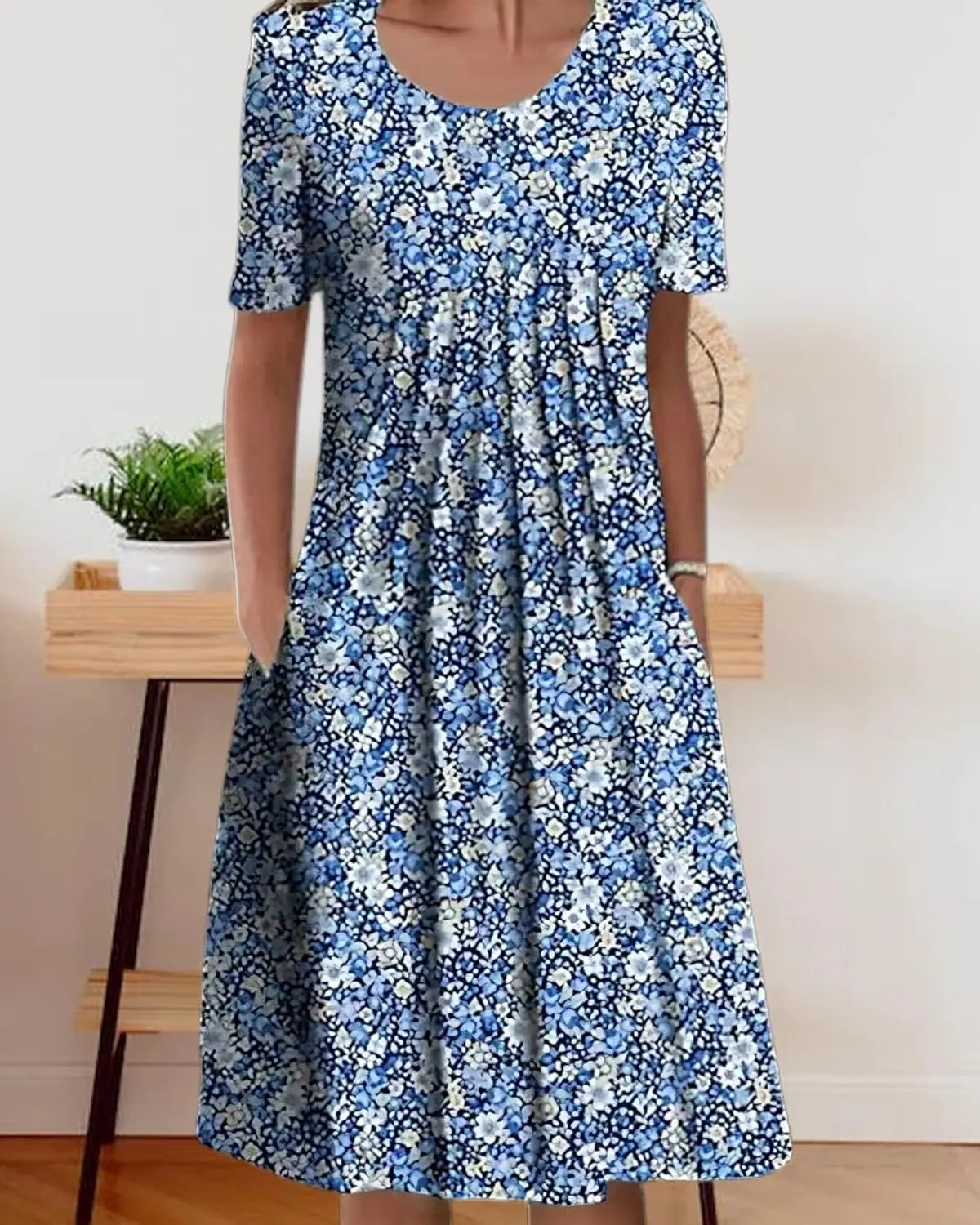 Women's Boho Dress Floral Print Short Sleeve T Shirt Dress 2025 Summer Casual Loose Swing Midi Dresses with Pockets