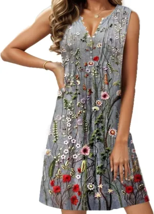 Women's Boho Floral Button Up Sleeveless Sundresses Ethnic Summer Beach Vacation Tunic Dress Knee Length