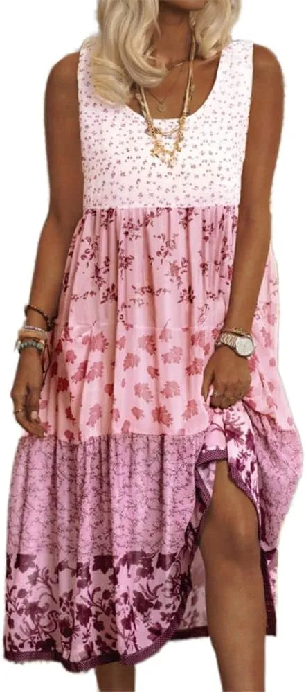 Women's Boho Floral Print Sun Dresses Casual Summer Loose Sleeveless Midi Dress Flowy Beach Sundress