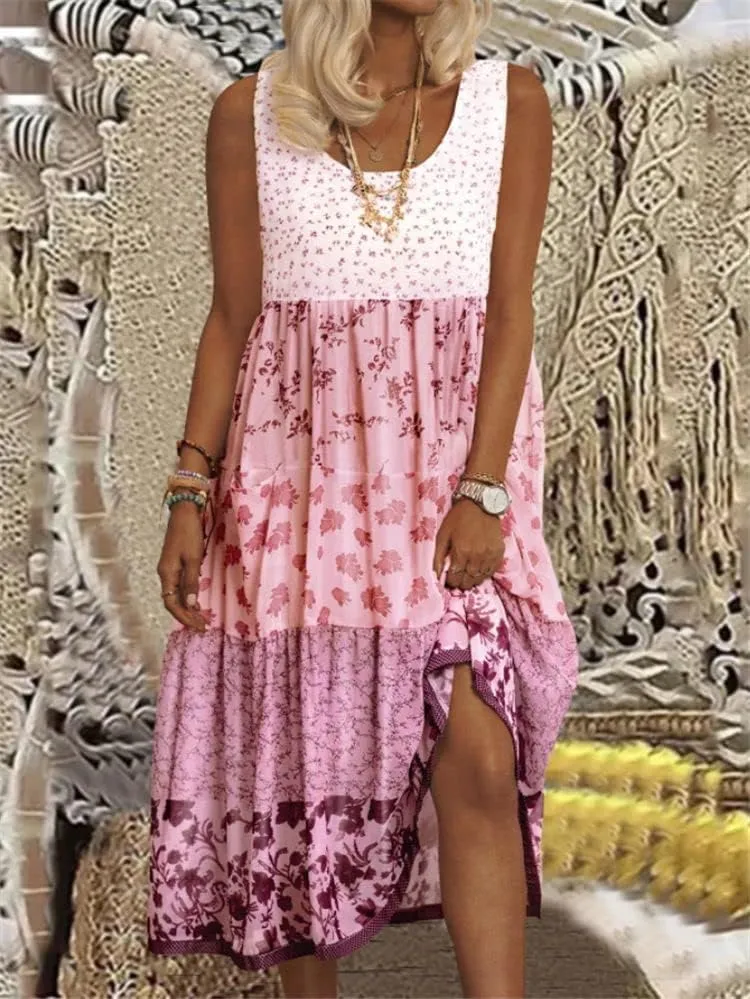 Women's Boho Floral Print Sun Dresses Casual Summer Loose Sleeveless Midi Dress Flowy Beach Sundress