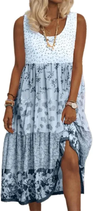 Women's Boho Floral Print Sun Dresses Casual Summer Loose Sleeveless Midi Dress Flowy Beach Sundress