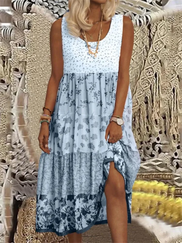 Women's Boho Floral Print Sun Dresses Casual Summer Loose Sleeveless Midi Dress Flowy Beach Sundress