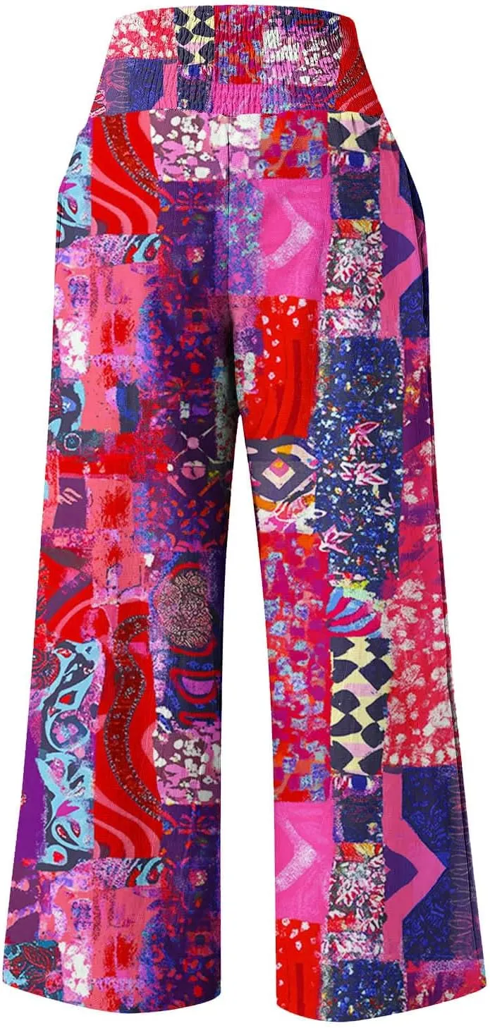 Womens Boho Palazzo Pants Casual Printed Loose Linen Wide Leg Pants Drawstring Waist Beach Harem Trouser with Pockets