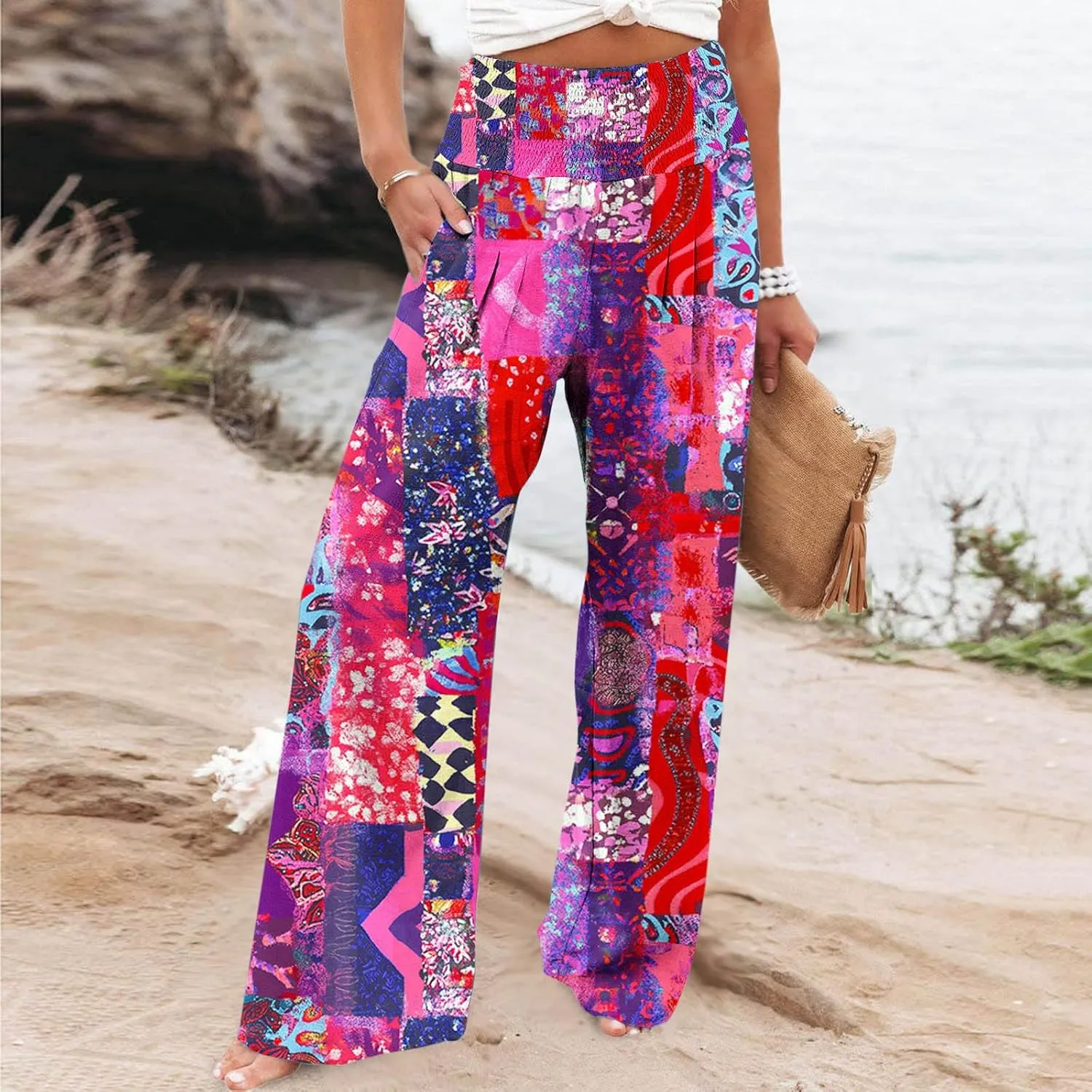 Womens Boho Palazzo Pants Casual Printed Loose Linen Wide Leg Pants Drawstring Waist Beach Harem Trouser with Pockets
