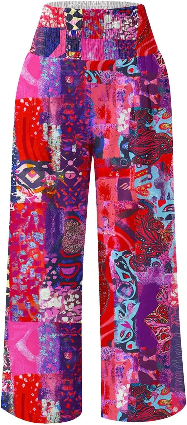 Womens Boho Palazzo Pants Casual Printed Loose Linen Wide Leg Pants Drawstring Waist Beach Harem Trouser with Pockets
