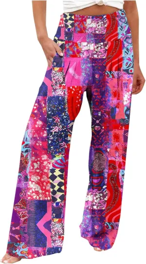 Womens Boho Palazzo Pants Casual Printed Loose Linen Wide Leg Pants Drawstring Waist Beach Harem Trouser with Pockets