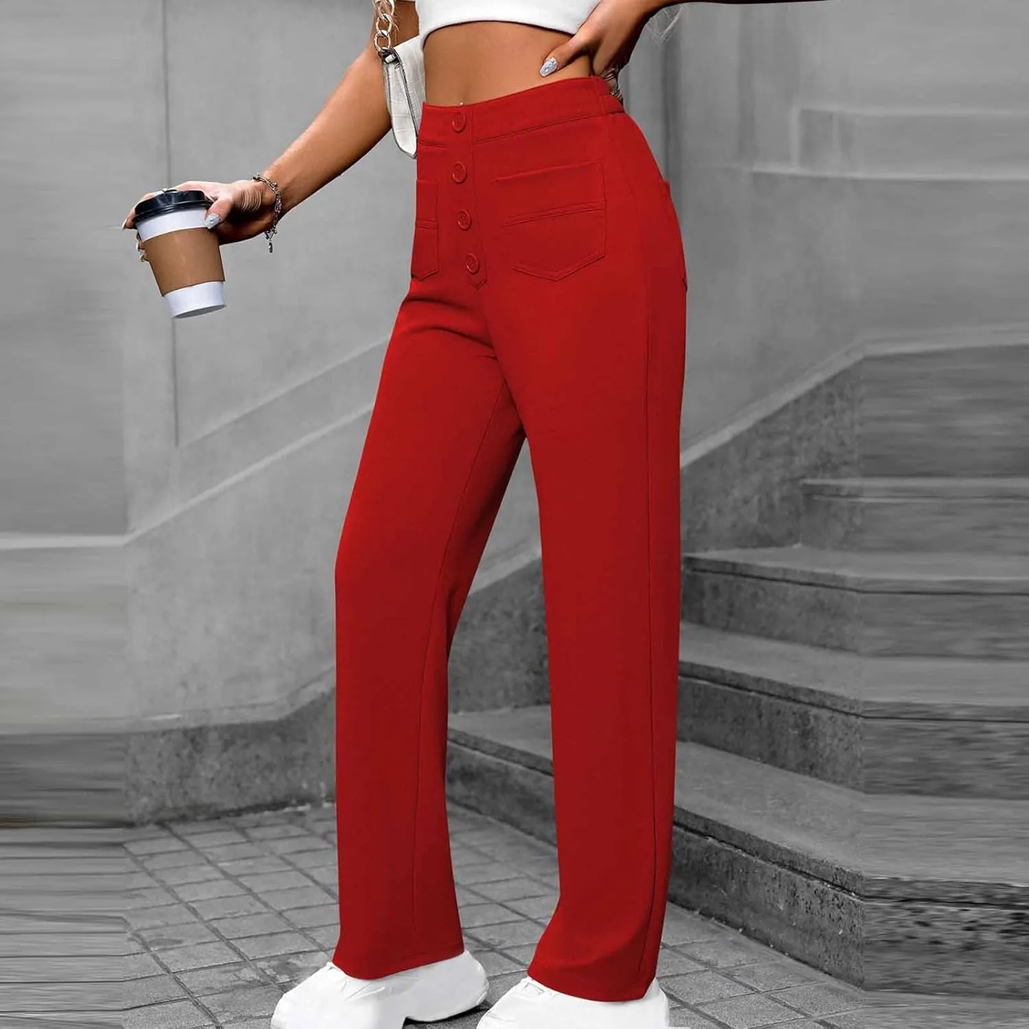 Women's Business Pants Casual Straight Leg High Elastic Waist Trousers Solid Color Stretch Long Pants with Pockets