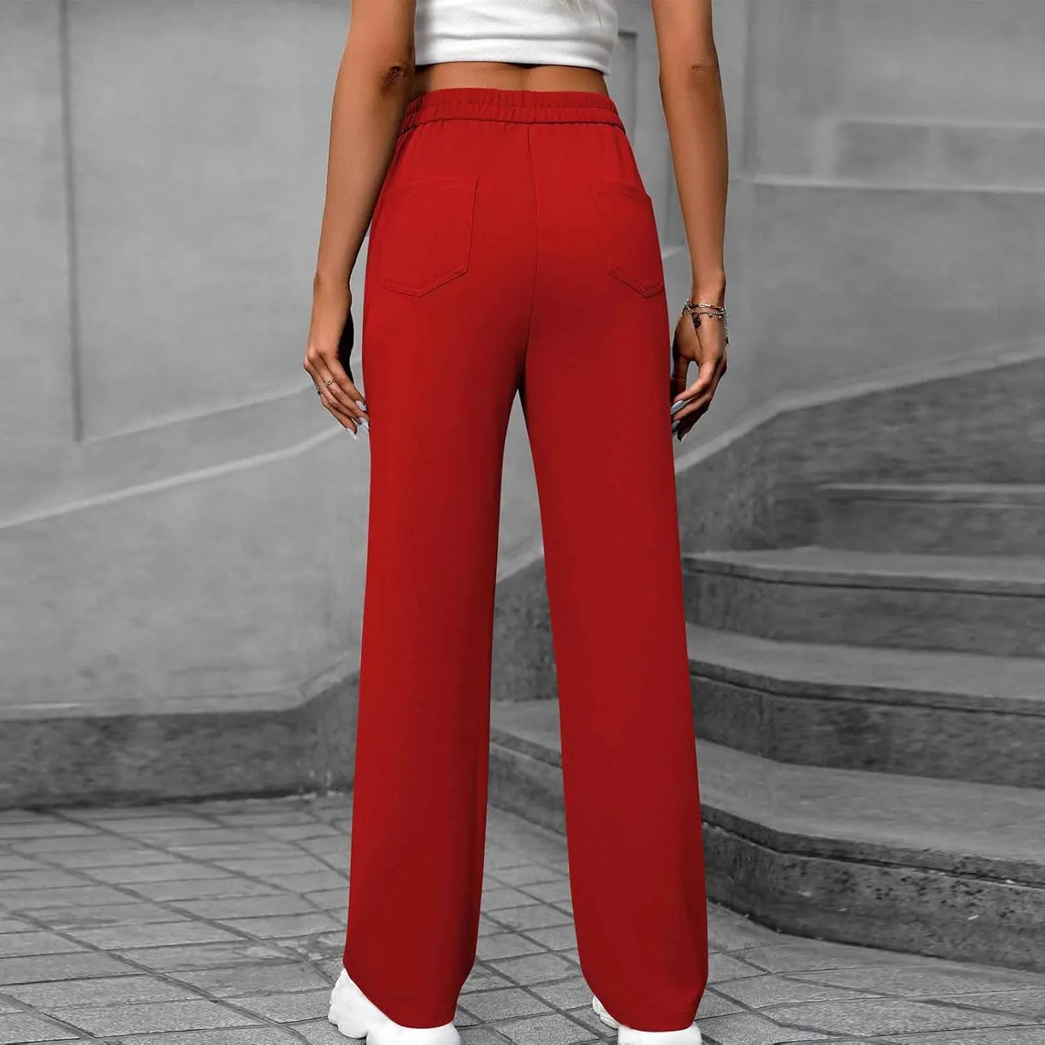 Women's Business Pants Casual Straight Leg High Elastic Waist Trousers Solid Color Stretch Long Pants with Pockets