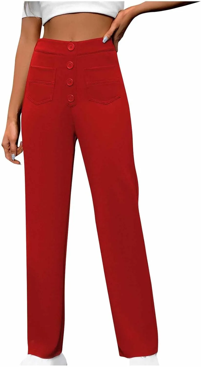 Women's Business Pants Casual Straight Leg High Elastic Waist Trousers Solid Color Stretch Long Pants with Pockets