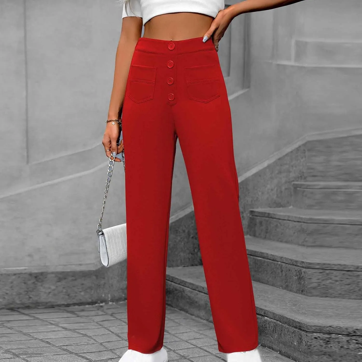 Women's Business Pants Casual Straight Leg High Elastic Waist Trousers Solid Color Stretch Long Pants with Pockets