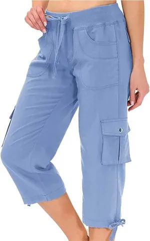 Womens Cargo Pants Casual Y2K Capris Drawstring Waist Travel Gym Hiking Pants Baggy Trendy Multiple Pockets Trousers