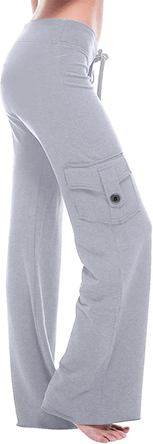 Womens Cargo Pants with Pockets Wide Leg Yoga Pants Casual High Waist Stretch Bootcut Workout Leggings Gym Sweatpants