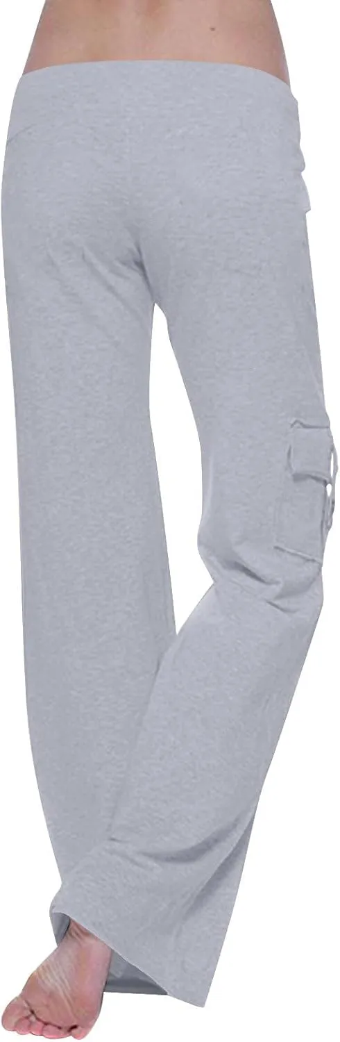 Womens Cargo Pants with Pockets Wide Leg Yoga Pants Casual High Waist Stretch Bootcut Workout Leggings Gym Sweatpants