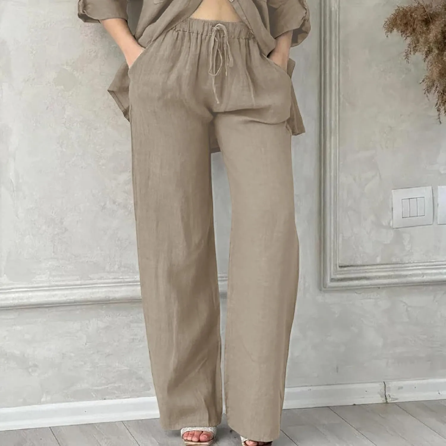 Womens Casual Cotton Linen Pants Lightweight Elastic Waist Pant Summer Beach Baggy Lounge Plain Drawstring Trousers